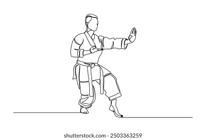 One continuous line drawing karateka fighter in kimono practicing karate kick combat. Karateka sport single line illustration.