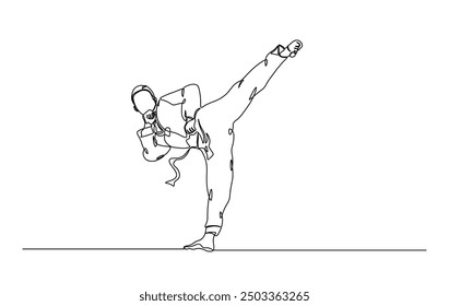 One continuous line drawing karateka fighter in kimono practicing karate kick combat. Karateka sport single line illustration.