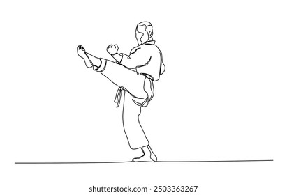 One continuous line drawing karateka fighter in kimono practicing karate kick combat. Karateka sport single line illustration.