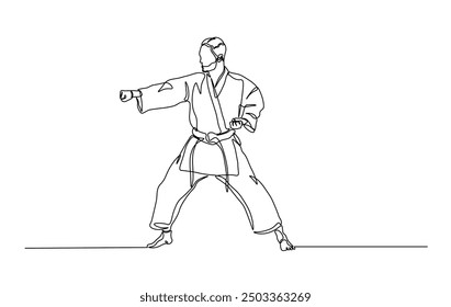 One continuous line drawing karateka fighter in kimono practicing karate kick combat. Karateka sport single line illustration.