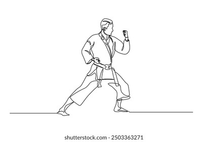 One continuous line drawing karateka fighter in kimono practicing karate kick combat. Karateka sport single line illustration.