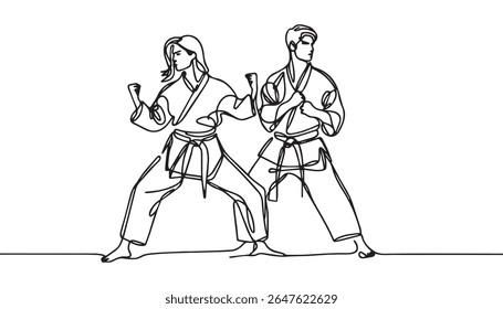 One continuous line drawing karateka fighter in kimono practicing karate kick combat. Karateka sport single line illustration.