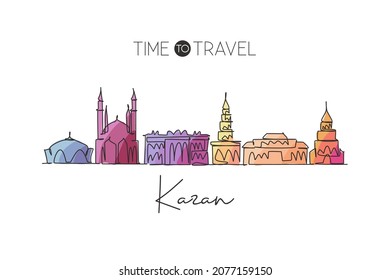 One continuous line drawing of Kazan skyline, Russia. Beautiful landmark home decor wall art poster print. World landscape tourism travel vacation. Stylish single line draw design vector illustration