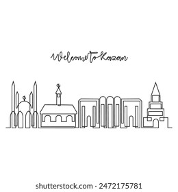 One continuous line drawing of Kazan. skyline vector illustration. Modern city in Europe in simple linear style vector design concept. One of big city in Russia. Iconic architectural building design.