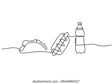 one continuous line drawing of kebab, hotdog, and mineral water isolated on white background. food minimalist concept vector illustration.