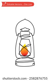 One continuous line drawing of kerosene lantern, classic lantern. Vector illustration of a one line drawing of a kerosene lantern. Ramadan Kareem night ornaments.