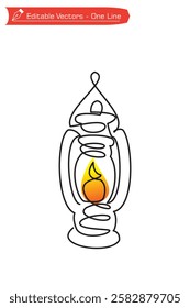 One continuous line drawing of kerosene lantern, unique lantern. Vector illustration of easy one line drawing of unique kerosene lantern. Lanterns lit up celebrating the night of Ramadan Kareem.