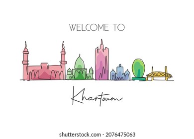 Un dibujo de línea continua de la ciudad de Jartum, Sudán. Hermosa decoración de paredes con carteles de arte impreso. Ilustración vectorial de diseño de trazos de línea simple con estilo