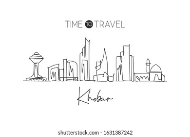 One continuous line drawing Khobar city skyline, Saudi Arabia. Beautiful landmark home decor poster print. World landscape tourism travel vacation. Stylish single line draw design vector illustration