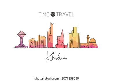 One continuous line drawing Khobar city skyline, Saudi Arabia. Beautiful landmark home decor poster print. World landscape tourism travel vacation. Stylish single line draw design vector illustration