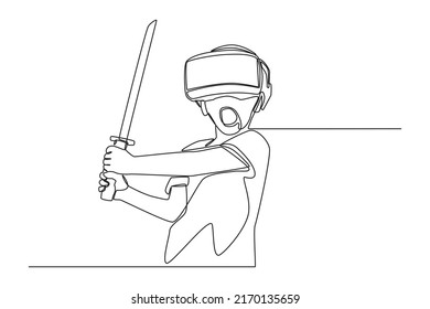 Eine fortlaufende Zeichnung von Kind spielen virtuelles Spiel mit vr Brille und langes Schwert. Konzept für virtuelles Spiel. Einzeilige Zeichnung, Vektorgrafik.