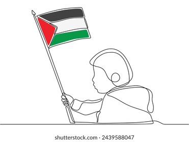One continuous line drawing of kid hold Palestine flag