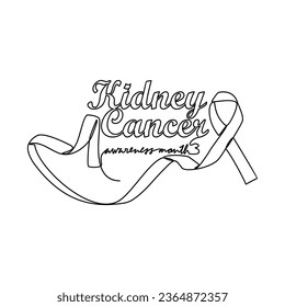 One continuous line drawing of kidney cancer awareness month with white background. Awareness ribbon design in simple linear style. healthcare and medical design concept vector illustration.