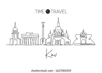 One continuous line drawing of Kiev city skyline, Ukraine. Beautiful landmark. World landscape tourism travel vacation poster print. Editable stylish stroke single line draw design vector illustration
