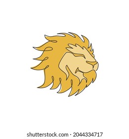 Un dibujo continuo de la línea del rey de la selva, la cabeza del león por la identidad del logo de la compañía. Fuerte concepto de mascota animal de mamíferos felinos para el zoológico nacional de safari. vector de ilustración de diseño de línea simple