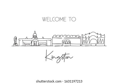 One continuous line drawing Kingston city skyline Jamaica. Beautiful landmark home wall decor poster print. World landscape tourism travel vacation. Stylish single line draw design vector illustration