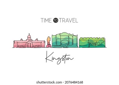 One continuous line drawing Kingston city skyline Jamaica. Beautiful landmark home wall decor poster print. World landscape tourism travel vacation. Stylish single line draw design vector illustration
