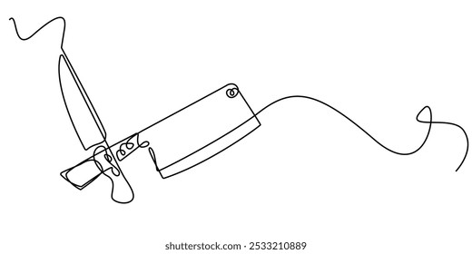 one continuous line drawing of kitchen knife.one line drawing of two crossed kitchen knives.meat knife and vegetable knife.single line vector illustration of cooking utensils.isolated white background