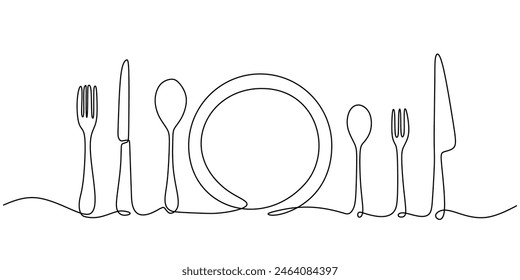 one continuous line drawing of knifes, spoons, forks and plate isolated on white background. Table manner concept vector illustration.