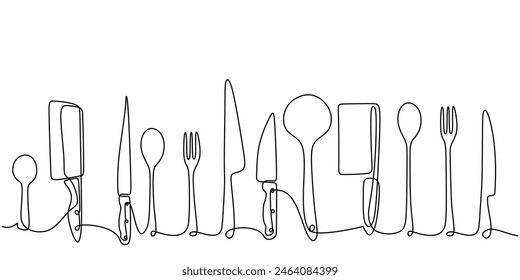 dibujo de una línea continua de cuchillos, cucharas, tenedores y cucharones aislados sobre fondo blanco. concepto de cocina y cocina en estilo lineal simple trazo editable.