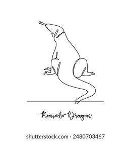 One continuous line drawing of Komodo Dragon vector illustration. Type of Lizard animal themes design concept with simple linear style. Lizards are reptiles with scaly skin, four legs, and a tail.