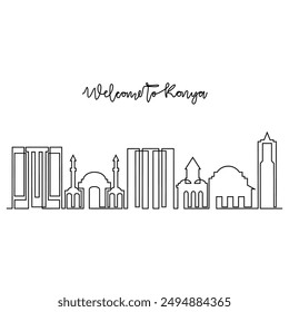One continuous line drawing of Konya skyline vector illustration. Modern city in Turkey in simple linear style vector design concept. Big city in Turkey. Iconic architectural skyline building design.