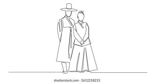 one continuous line drawing of korean traditional clothing.single line vector illustration of man and woman wearing korean cultural clothing.korean fashion style line art