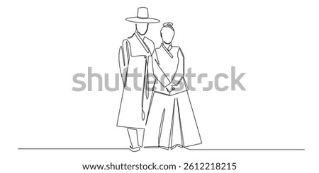 one continuous line drawing of korean traditional clothing.single line vector illustration of man and woman wearing korean cultural clothing.korean fashion style line art