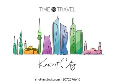 One continuous line drawing of Kuwait City skyline, Kuwait. Beautiful city landmark. World landscape tourism and travel vacation. Editable stylish stroke single line draw design vector illustration