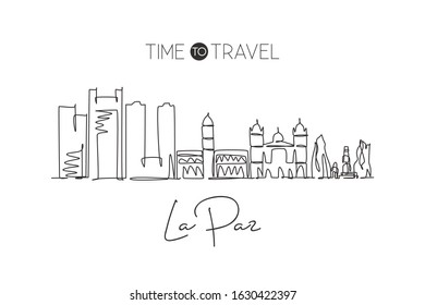 One continuous line drawing La Paz city skyline, Bolivia. Beautiful landmark. World landscape tourism and travel vacation postcard. Editable stylish stroke single line draw design vector illustration