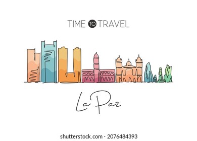 One continuous line drawing La Paz city skyline, Bolivia. Beautiful landmark. World landscape tourism and travel vacation postcard. Editable stylish stroke single line draw design vector illustration