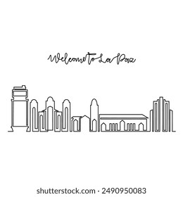 One continuous line drawing of La Paz skyline vector illustration. Modern city in South America in simple linear style vector design concept. Big city in Bolivia. Iconic architectural building