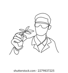 One continuous line drawing of Laboratory Officer holding a laboratory test object. Chemical and laboratory design concept with simple linear style. Laboratory vector design concept.