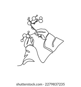 One continuous line drawing of Laboratory Officer holding a laboratory test object. Chemical and laboratory design concept with simple linear style. Laboratory vector design concept.