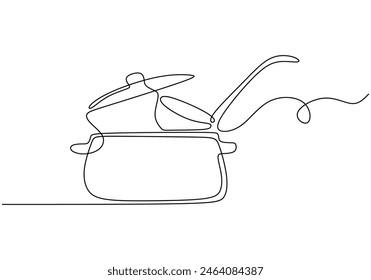 un dibujo de línea continua de cucharón en sartén aislado sobre fondo blanco. concepto de cocina y cocina en estilo lineal simple trazo editable.