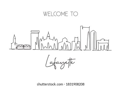 One continuous line drawing of Lafayette city skyline, Louisiana. Beautiful landmark. World landscape tourism travel home wall decor poster print. Stylish single line draw design vector illustration