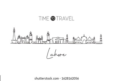 One continuous line drawing of Lahore city skyline, Pakistan. Beautiful city landmark. World landscape tourism and travel vacation. Editable stylish stroke single line draw design vector illustration