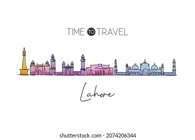 One continuous line drawing of Lahore city skyline, Pakistan. Beautiful city landmark. World landscape tourism and travel vacation. Editable stylish stroke single line draw design vector illustration