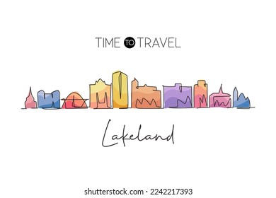 One continuous line drawing Lakeland city skyline, Florida. Beautiful landmark art. World landscape tourism travel home wall decor poster print. Stylish single line draw design vector illustration