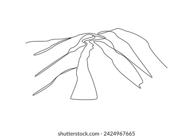 One continuous line drawing of Landscape with green grass, trees, sky horizon and Mountains. Nature concept. Doodle vector illustration in simple linear style.