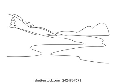 One continuous line drawing of Landscape with green grass, trees, sky horizon and Mountains. Nature concept. Doodle vector illustration in simple linear style.