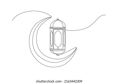 One continuous line drawing lantern on moon icon for islamic new year celebration. Happy Islamic new Year. Single line draw design vector graphic illustration.