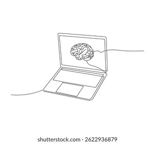 One continuous line drawing of laptop gadget and artificial intelligence AI concept. single line illustration of technology day concept. editable concept