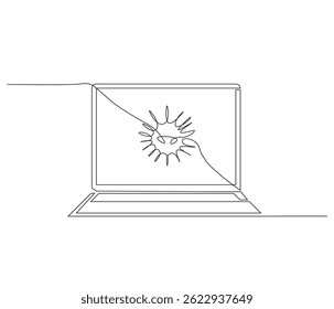 One continuous line drawing of laptop gadget with malware virus. single line illustration of technology day concept. editable concept