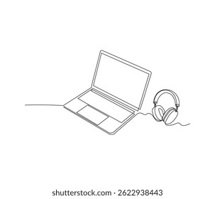 Un dibujo de línea continua de gadget portátil con auriculares. ilustración de una sola línea del concepto del día de la tecnología. concepto editable