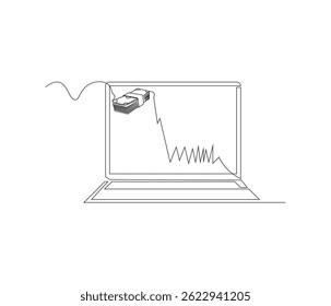 Un dibujo de línea continua de gadget portátil con comercio. ilustración de una sola línea del concepto del día de la tecnología. hacer dinero. concepto editable
