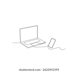 One continuous line drawing of laptop gadget with phone. single line illustration of technology day concept. editable concept