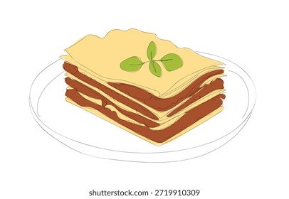 Un dibujo de línea continua de la Ilustración vectorial de alimentos Lasaña. Comida tradicional en concepto de diseño de Vector de estilo lineal simple. Vector hecho a mano, no Al.
