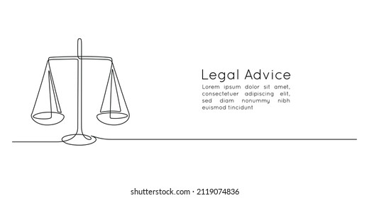 One continuous line drawing of law balance and scale of justice. Symbol and logo of equality and logo concept court in simple linear style. Editable stroke. Doodle vector illustration