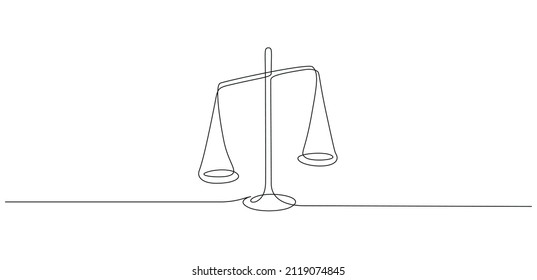 One continuous line drawing of law balance and scale of justice. Symbol of equality and concept court and logo firm in simple linear style. Libra icon. Doodle vector illustration